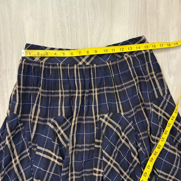 Free People Skirt Women Plaid Ruffle Hem Midi Skirt Navy Tan Boho Asymmetrical S - Picture 5 of 13